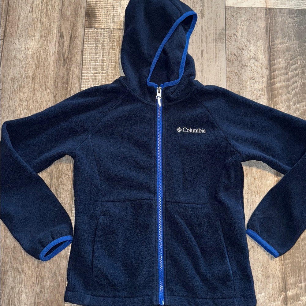 Columbia Dark Blue Hooded Fleece Jacket-size Small/8